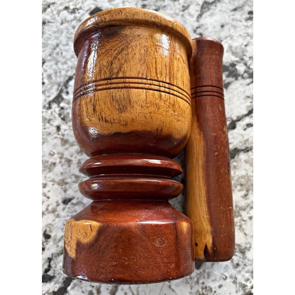 Wood Mortar & Pestle Set Brown, Bowl Included, Vintage Dominican Republic